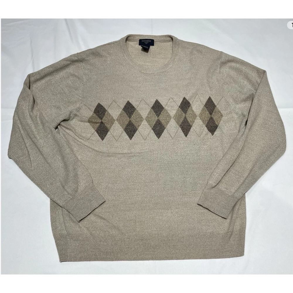 Dockers Sweater Mens XL Tan Argyle Pullover Grandpacore Old Money Winter Acrylic